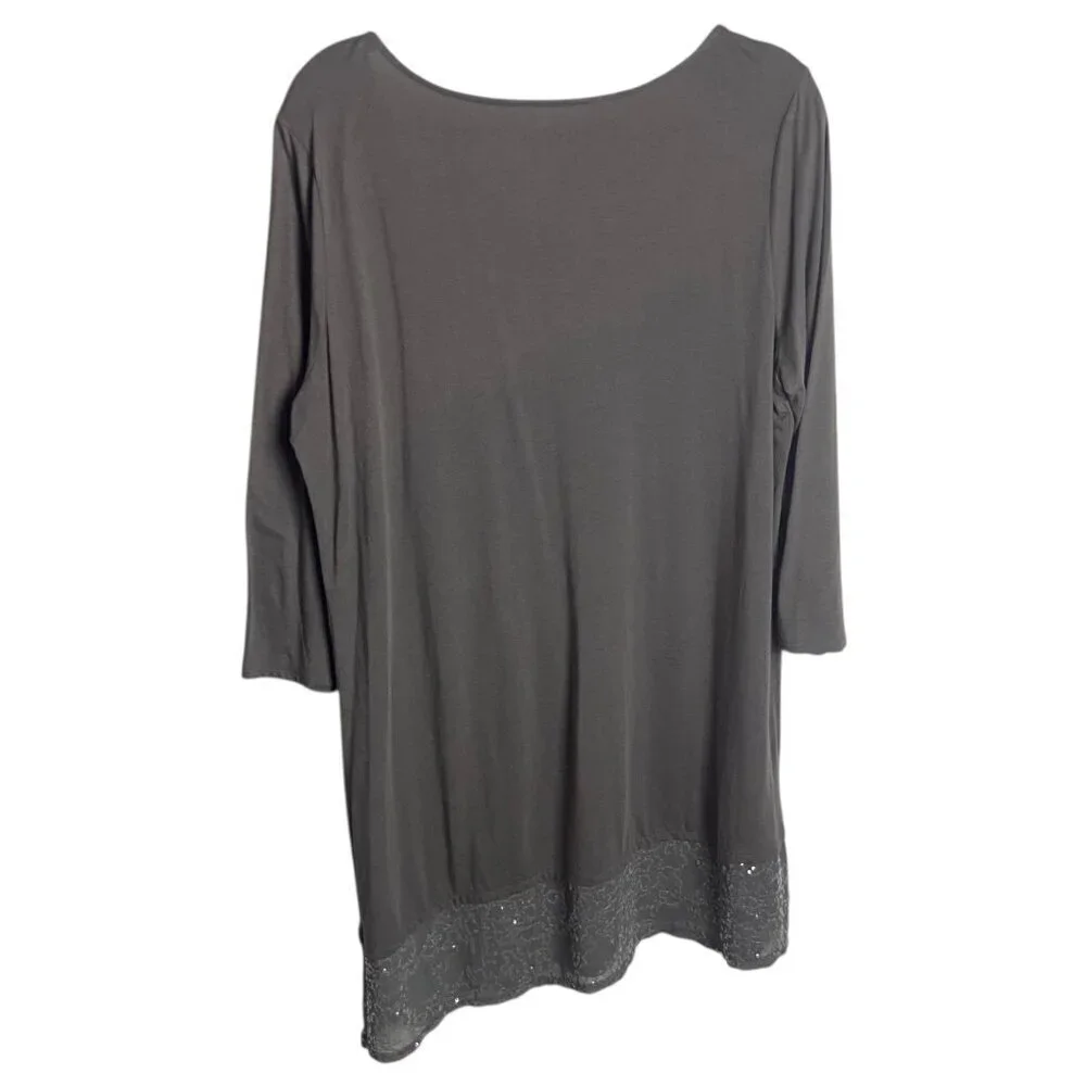 Garnet Hill Size Lare Sequin Asymmetrical Hem Gray Tunic Top Bouse Scoop Neck